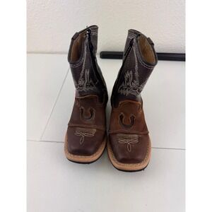 Carlos Dan Post Kids Leather Western Cowboy Boots Brown & Tan Zip Up Size 7.5